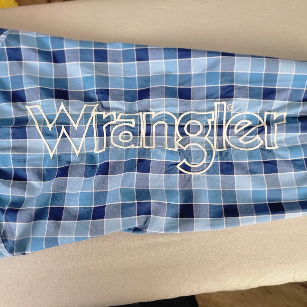 Wrangler x Ford Western Shirt Men Large Blue Plaid Long Sleeve Button Down Logo - Picture 7 of 8